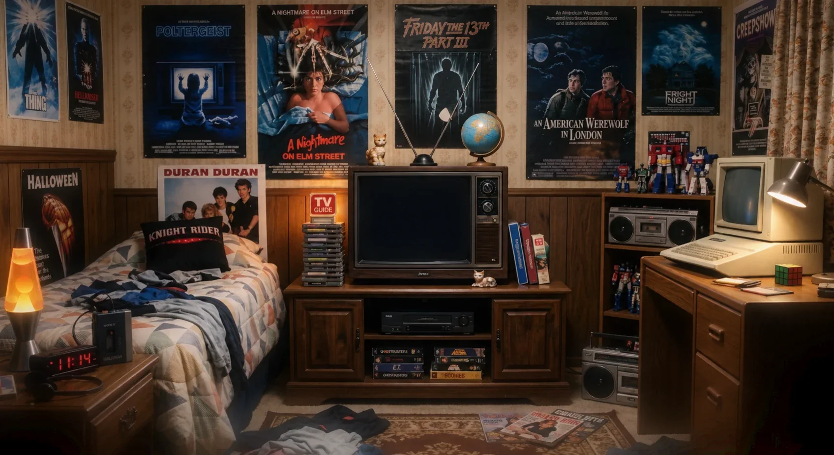 The Weary Pines bedroom: horror posters, a stack of tapes and a vintage television.