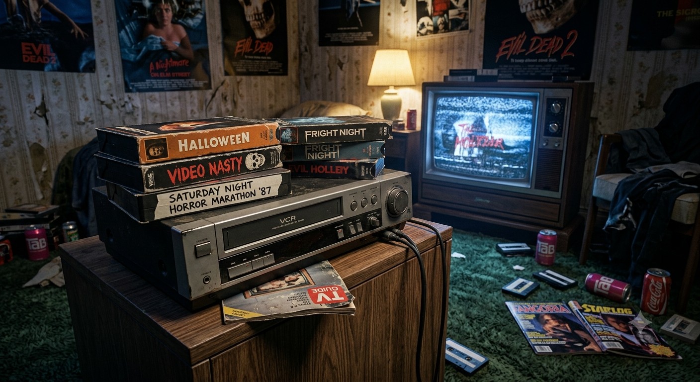 Retro horror movie room with VHS tapes, a VCR and a static-filled TV