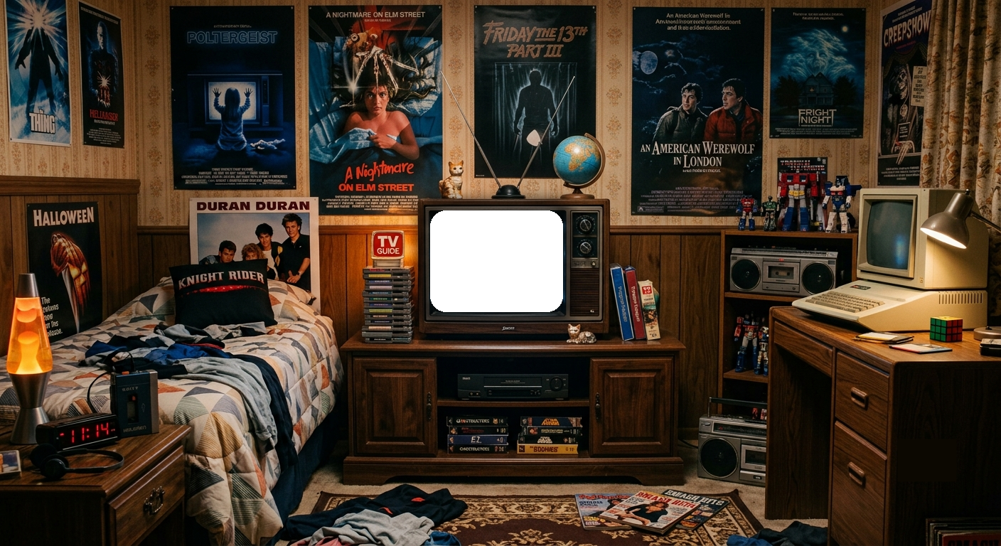 Retro bedroom with a CRT TV playing static